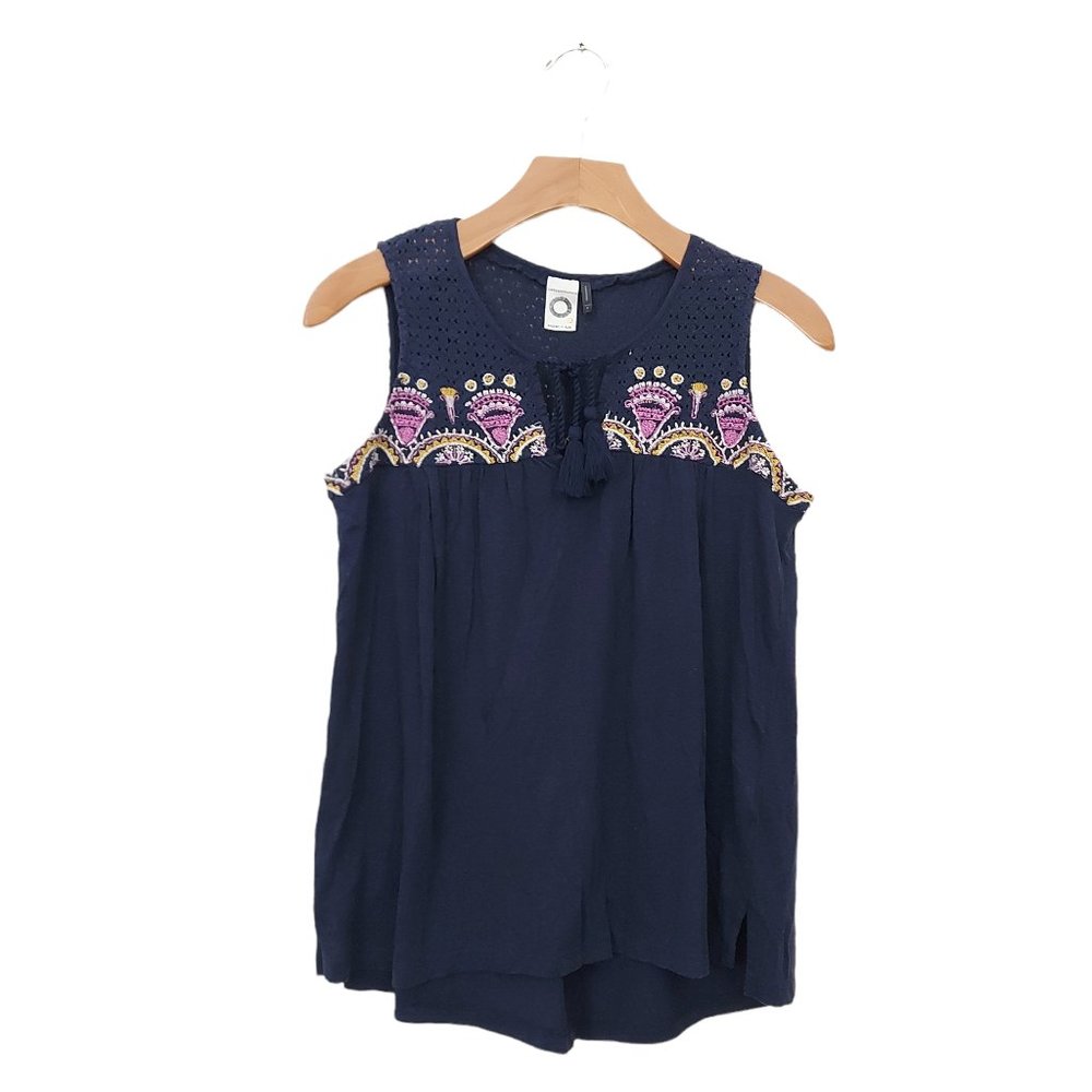 Anthropologie Akemi + Kin Womens Top M Sleeveless Tassels String Embroidery Blue